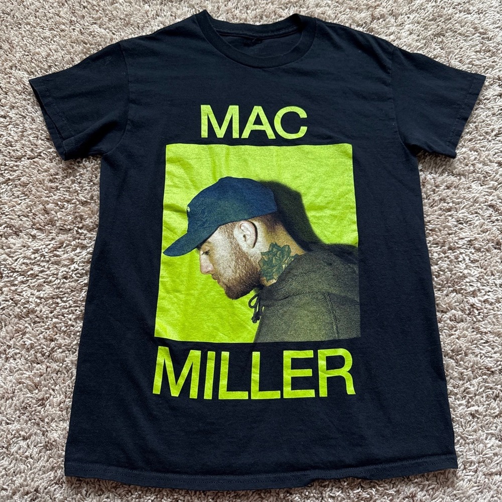 Mac Miller Graphic T-Shirt Black Neon Green Portrait Womens Small S Hip Hop Tee